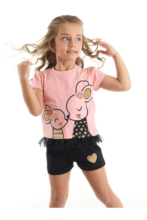 Denokids Cute Mouse Girl Child Pink T-Shirt and Black Shorts Set.