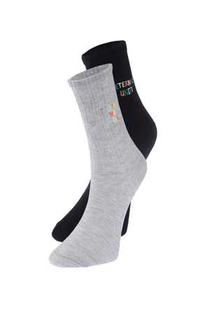 Trendyol Grey-Black 2-Pack Cotton Embroidered Knitted Socks