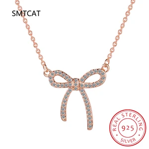 Real 925 Sterling Silver Zircon Bowknot Chain Choker Necklace For Women Classic Fine Jewelry Minimalist Geometric Bijoux