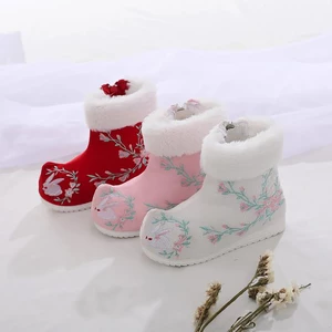 Winter New Embroidered Children's Shoes Warm Plush Christmas Shoes Baby Casual Shoes Sports Shoes Girls Thick-soled Snow Boots