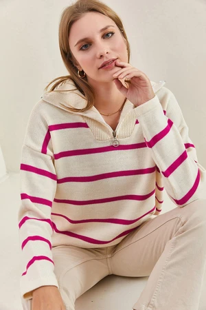 Bianco Lucci Women's Turtleneck Zipper Striped Knitwear Sweater