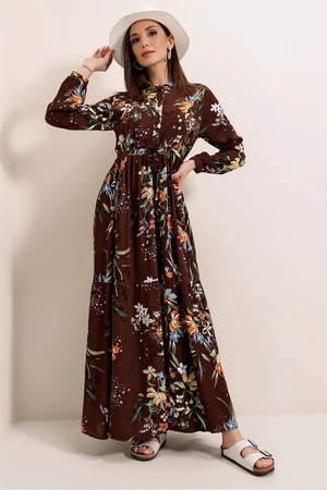 By Saygı Long Viscose Dress with Buttons in the Front and Tie Waist Colorful Floral Long Dress Brown