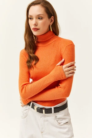 Olalook Women's Orange Turtleneck Finger Detailed Lycra Blouse