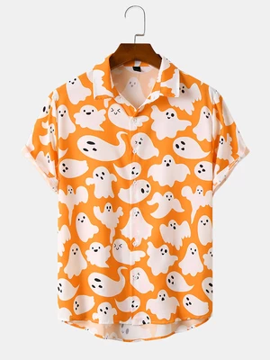 Mens Halloween Cartoon Ghost Print Button Up Short Sleeve Shirts
