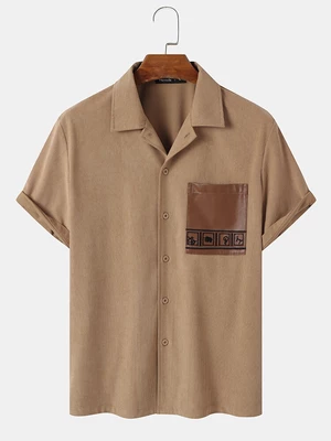 Mens Faux Leather Pocket Lapel Corduroy Short Sleeve Shirts