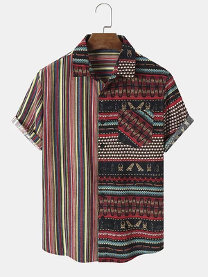 Mens Colorful Striped Ethnic Pattern Patchwork Corduroy Short Sleeve Shirts
