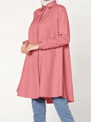 Women Casual Solid Color Lapel Long Sleeve Longline Loose Muslim Blouse