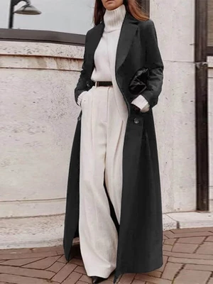 Women Pure Color Lapel Long Sleeve Longline Button Casual Stylish Coat