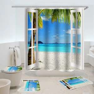 Ocean Blue White Sand Beach Palm View Summer Printed Bathroom Washroom Decor Shower Curtain Floor Rugs Mat