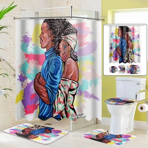 4 PCS Lovers Hug Printing Bathroom Shower Curtain Toilet Cover Mat Non-Slip Rug Set