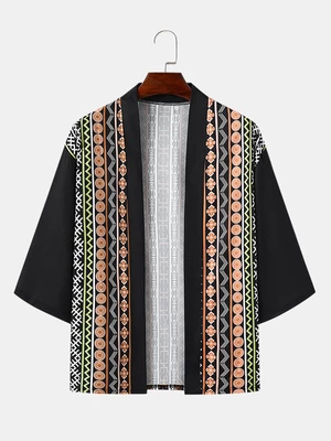 Mens Ethnic Element Front Open 3/4 Sleeve Length Kimonos
