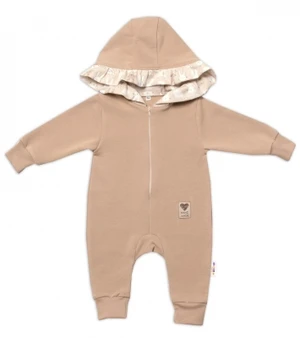 Baby Nellys Teplákový overal s kapucí a volánkem, New Bunny - cappuccino, vel. 86 (12-18m)