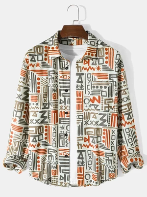 Mens Tribal Geometric Pattern Button Up Long Sleeve Shirts