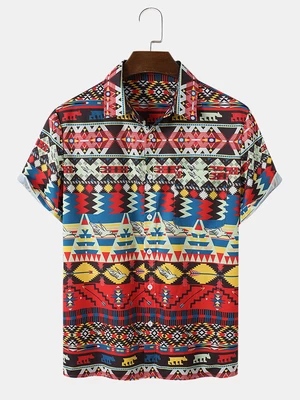 Mens Ethnic Geometric Printed Pocket Short Sleeve Shirts