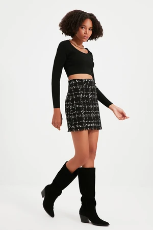 Trendyol Black Plaid Tweed Fabric Mini Woven Skirt