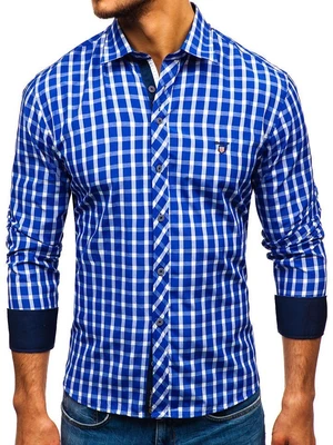 Kráľovský modrá pánska elegantná károvaná košeľa s dlhými rukávmi BOLF 4747
