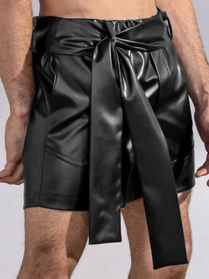 Mens Lace Up Elastic Waist Faux Leather Wide Leg Shorts