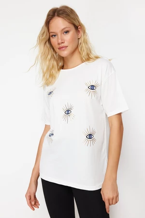Trendyol White Printed Relaxed Knitted T-Shirt