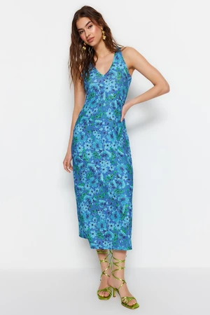 Trendyol Blue Back Detail Floral Printed Bodycone/Fitted Midi Stretch Knitted Pencil Dress