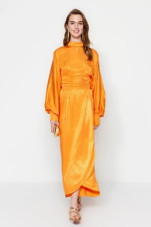 Trendyol Orange Evening Dress with Draped Waist and Balloon Sleeves Patterned