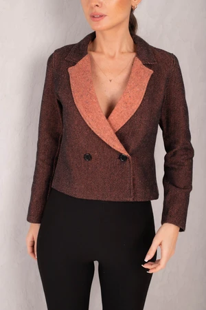 armonika Women's Orange Double Breasted Collar Two Color Stamp Crop Jacket