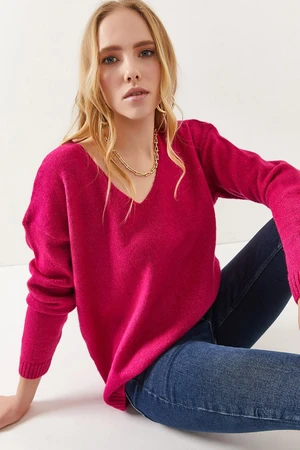 Olalook Women's Fuchsia V-Neck Soft Textured Knitwear Sweater