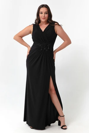Lafaba Women's Black V-neck Plus Size Long Evening Dress with Stones Detailed on the Shoulders.