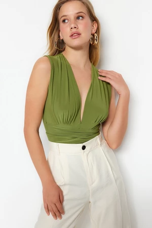 Trendyol Green Lace-Up Detail V-Neck Fitted/Slip-On, Flexible Knitted Bodysuit