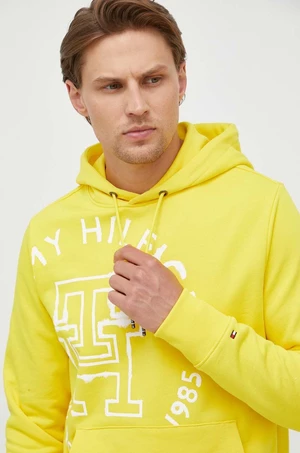 Bavlněná mikina Tommy Hilfiger pánská, žlutá barva, s kapucí, s potiskem