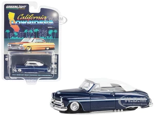 1950 Mercury Eight Chopped Top Convertible Lowrider Dark Blue Metallic with Light Blue Pinstripes and White Top and Interior "California Lowriders" S