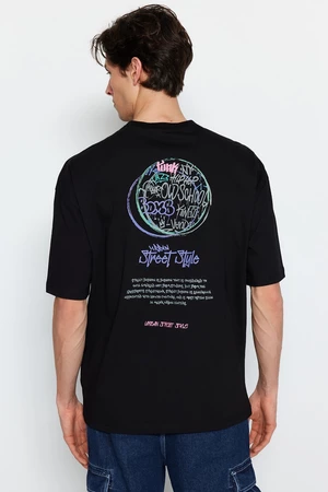 Trendyol Black Men's Oversized/Wide Cut Crew Neck Short Sleeve Text Printed T-Shirt