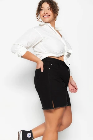 Trendyol Curve Black High Waist Legs with Tassels Tasseled Wide Leg Denim Shorts&Bermuda