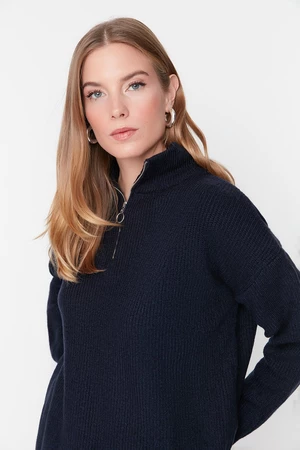 Trendyol Navy Blue Měkký texturovaný pletený svetr na zip