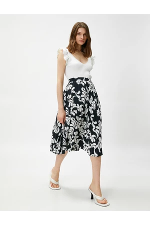 Koton Women's Floral Midi Elastic Waist Pleated Skirt