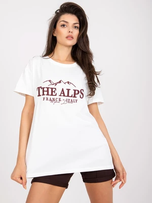 White and brown cotton T-shirt loose cut with embroidery