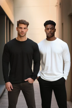 Trendyol Black-White Men's 2-Pack 100% Cotton Long Sleeve Regular Cut Basic T-Shirt