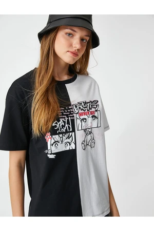 Koton Anime T-Shirt Color Block Crew Neck Short Sleeved