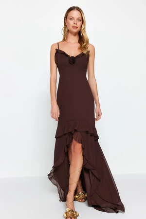 Trendyol Dark Brown Woven Lined Chiffon Flounce Long Evening Evening Dress