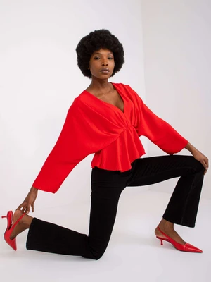 Red Raquela blouse with long sleeves and V-neck