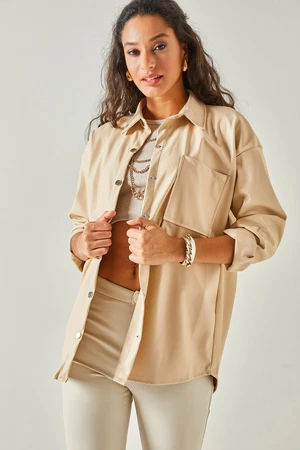 Olalook Women's Beige Single Pocket Shearling Faux Leather Jacket