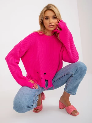 Fluo pink short asymmetrical sweater with holes by RUE PARIS