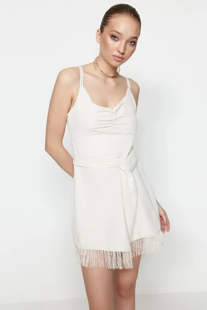 Trendyol Ecru Elegant Evening Dress that opens at the Waist/Skater Lined, Woven Tassels Wedding/Wedding Dress