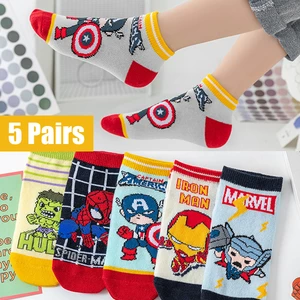 5 Pairs Spiderman Children's Socks Marvel iron Man Hulk Thor Anime kids Boys Short Socks Cartoon Baby Spring Summer Sock 1-12 Y