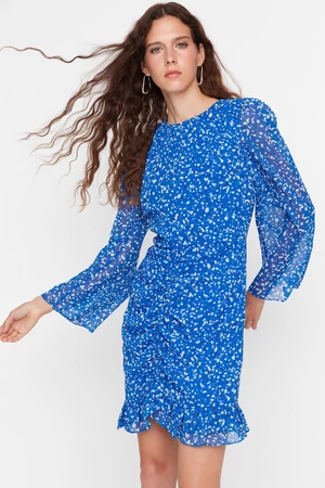Trendyol Limited Edition Blue Mini Woven Gathered Chiffon Floral Woven Dress