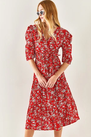 Olalook Women's Red, Double Breasted Collar, Belted Woven Viscose Dress