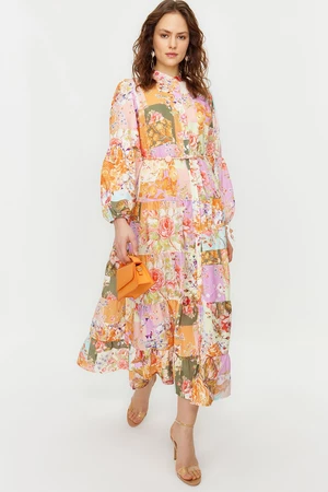 Trendyol Multicolored Floral Patterned Linen Look Woven Dress with Belt Detail