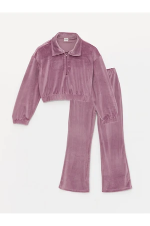 LC Waikiki Girls Polo Neck Basic Long Sleeve Velvet Sweatshirt and Tights