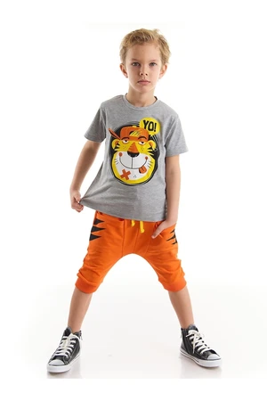 Denokids Yo Tiger Boys Gray T-shirt Orange Capri Shorts Set