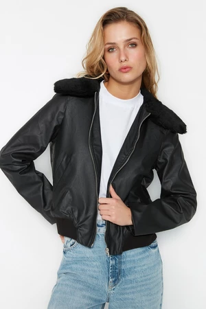 Trendyol Black Collar with Plush Detailed Faux Leather Coat