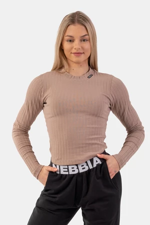 Nebbia Žebrované tričko s dlouhým rukávem z organické bavlny 415 brown XS